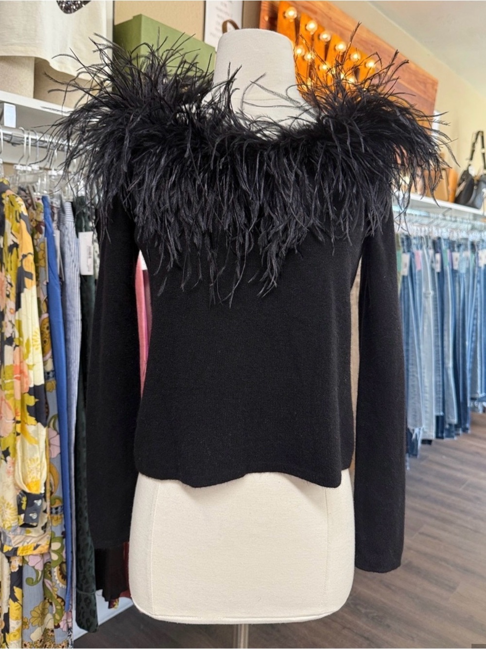 Ralph Lauren Black Off-the-Shoulder Feather-Trim Sweater